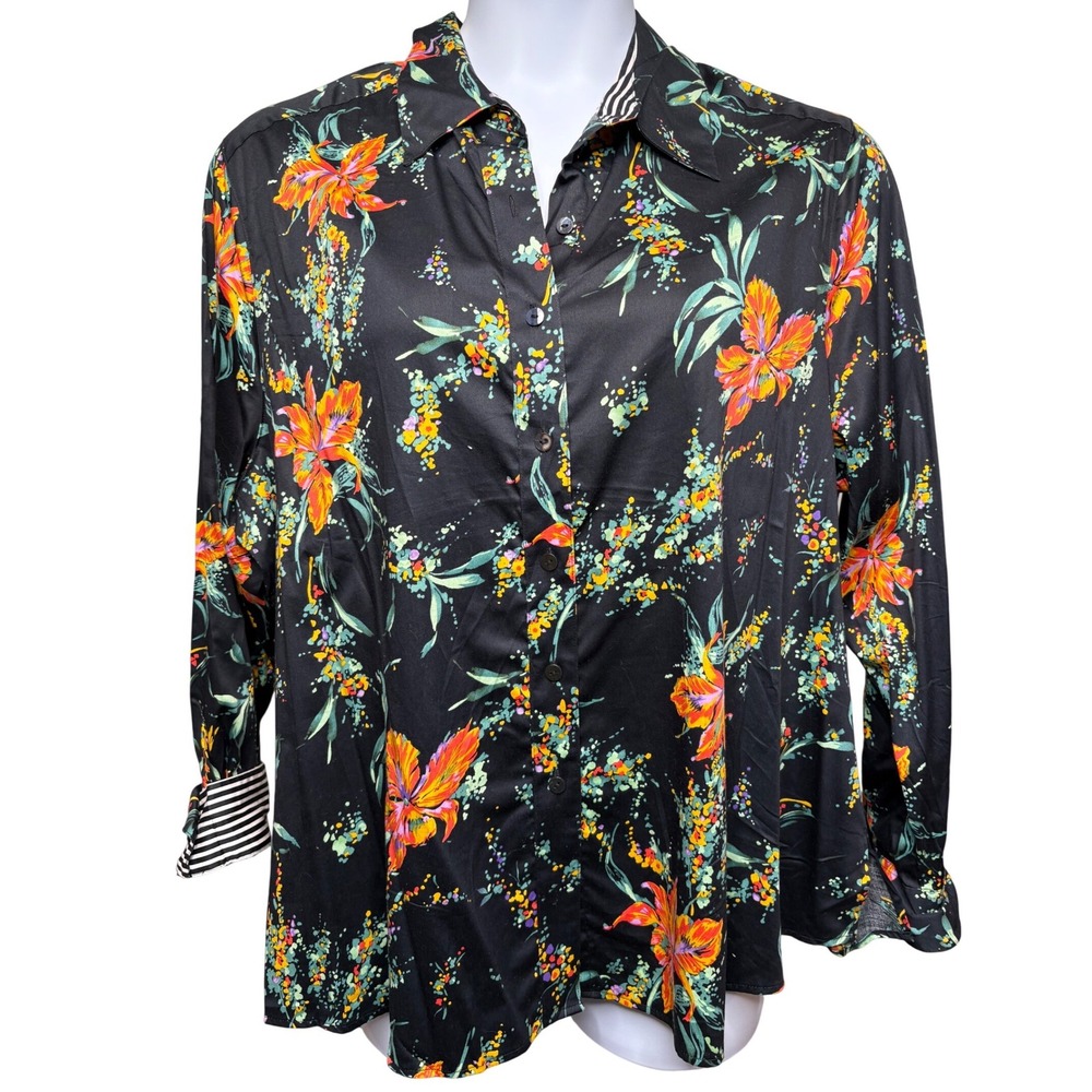 FOXCROFT Womens Black Floral Button Down Shirt 20W Wrinkle Free Office Classic